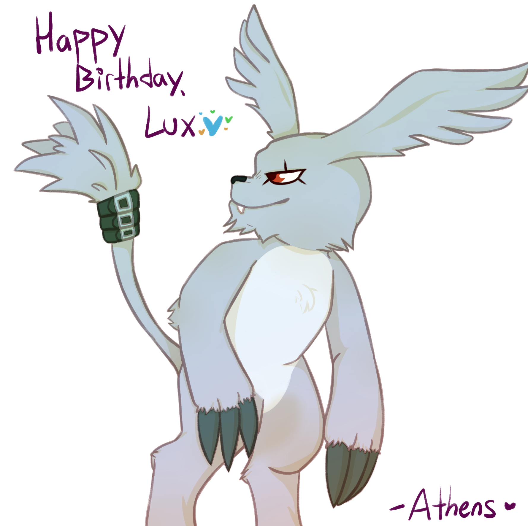 digital drawing of a gazimon standing up, looking to the side mischievously; text near the top reads, 'Happy Birthday, Lux ðŸ’™', and 'Athensâ™¥' is signed at the bottom.